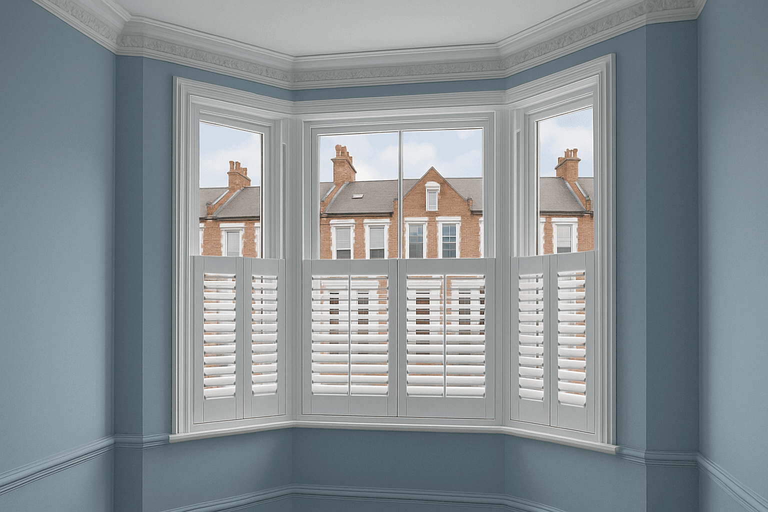 Café style shutters in a bay window of a Victorian home