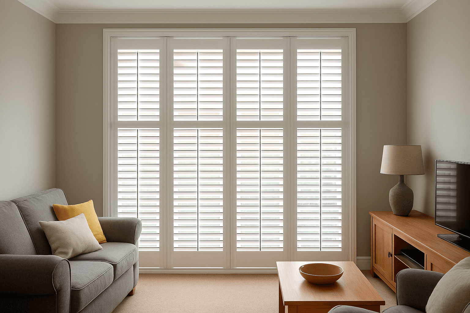 Full height shutters in a bright living room