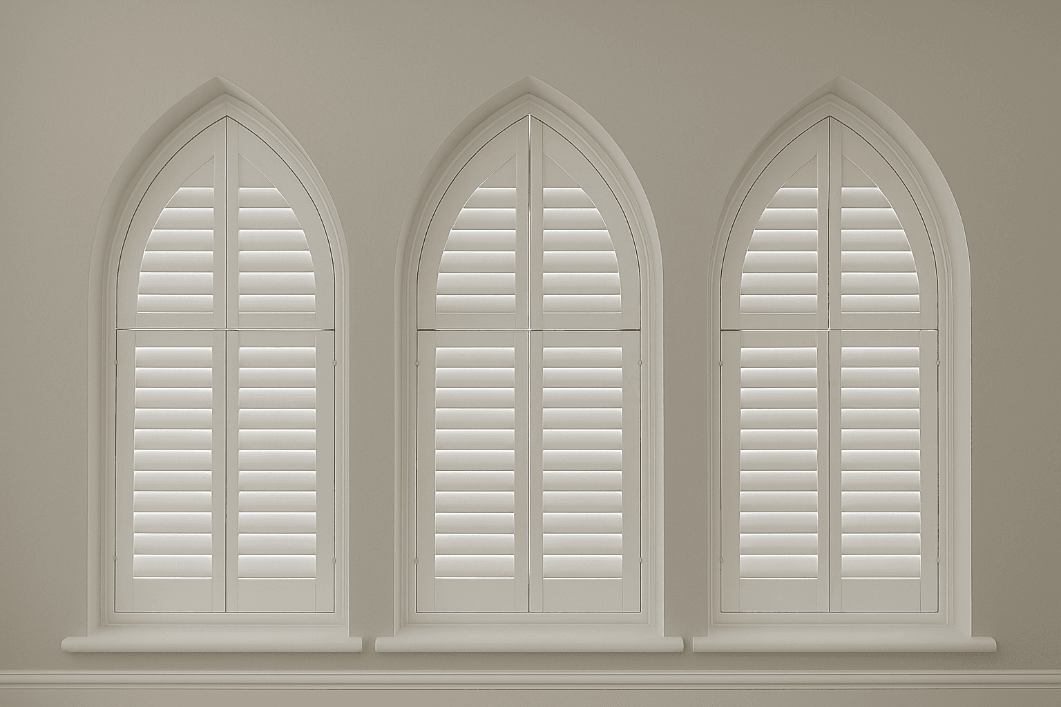 Shaped shutters fitted to a gothic window, showing a perfect custom fit