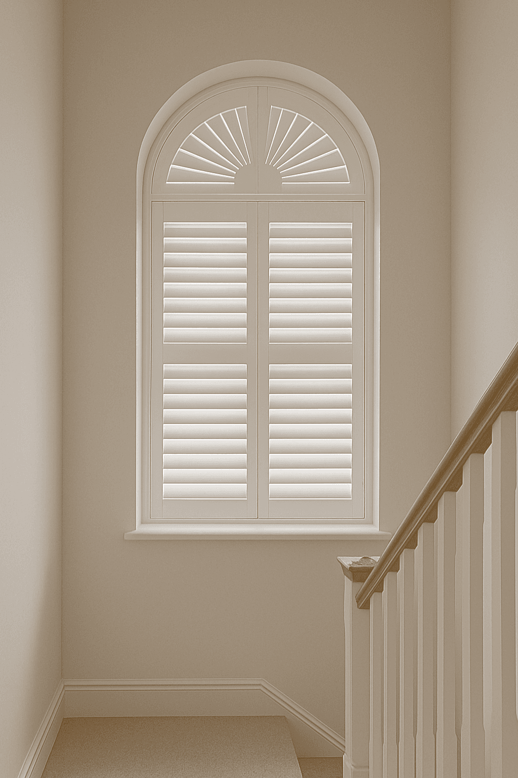 Shaped shutters fitted to an arched window on a stairway