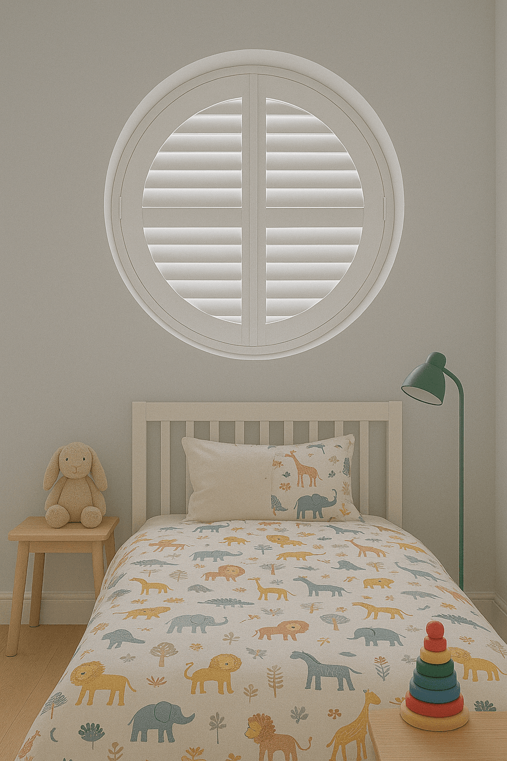 Shaped shutters fitted to a circular window in childrens bedroom