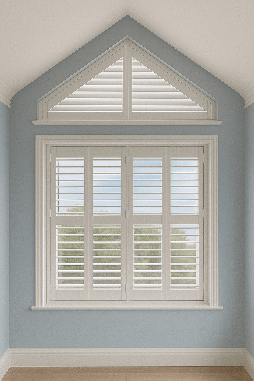 Shaped shutters fitted to a triangular window